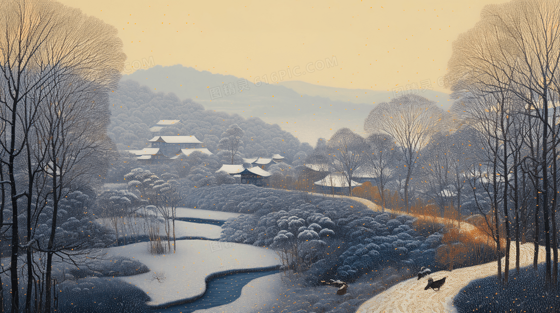 冰天雪地田野风景插画