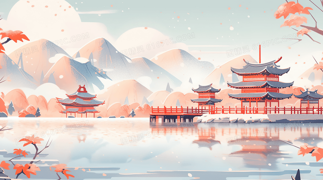 中式古典建筑风景插画