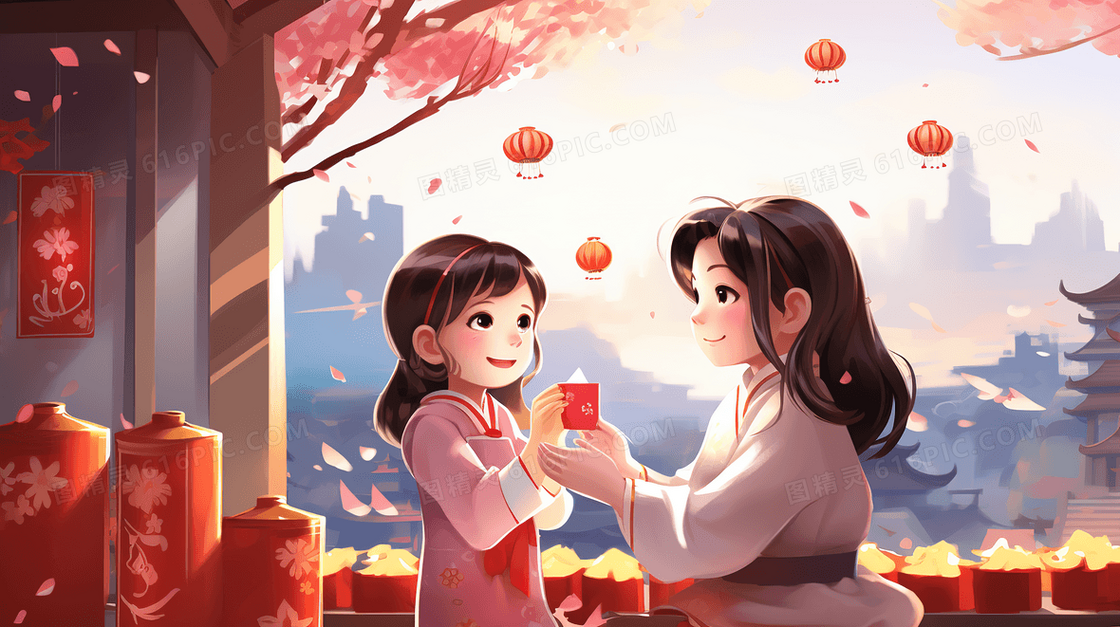 一起参加春节庆典的女孩们插画
