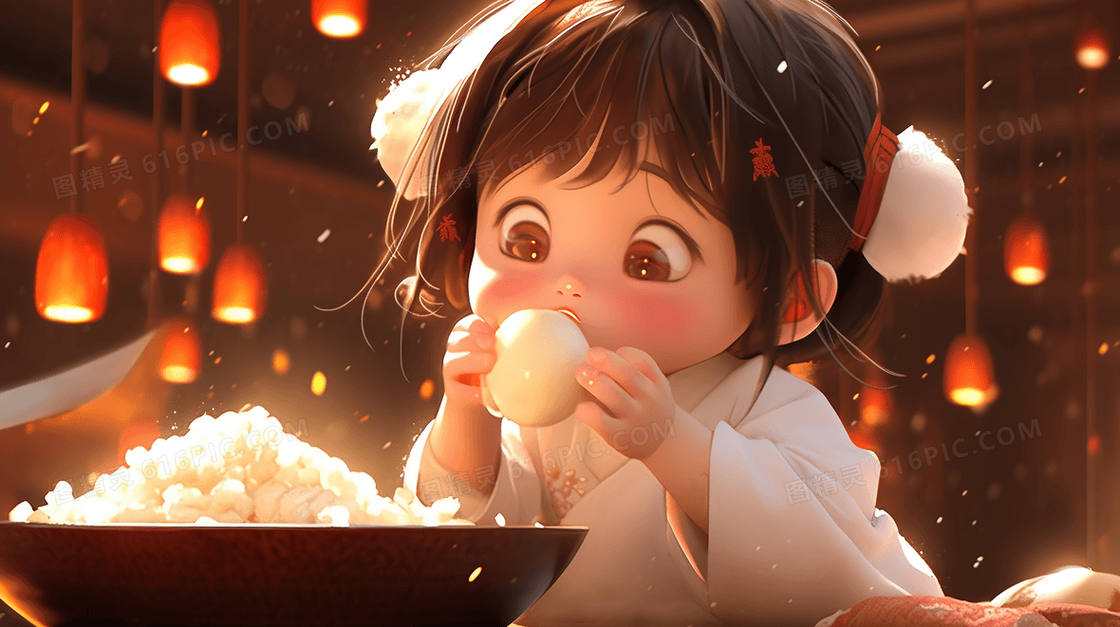 一个可爱的中国小女孩吃饭插画