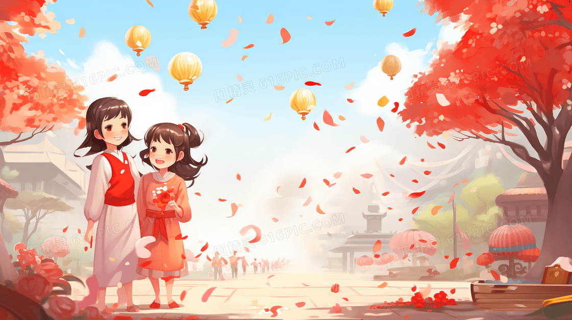 一起参加春节庆典的女孩们插画