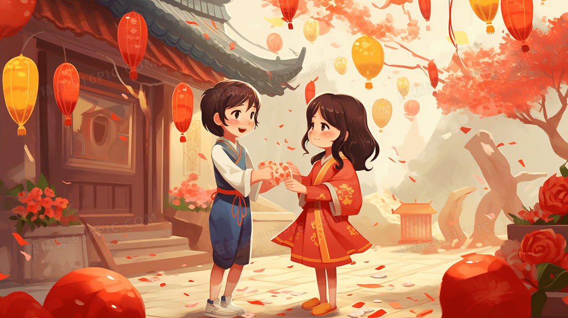 一起参加春节庆典的女孩们插画