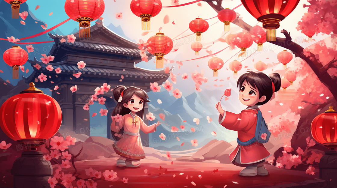 一起参加春节庆典的女孩们插画