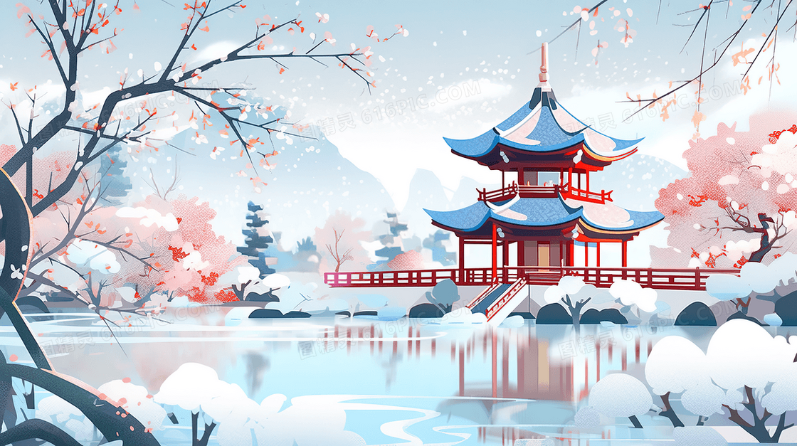中式古典建筑风景插画