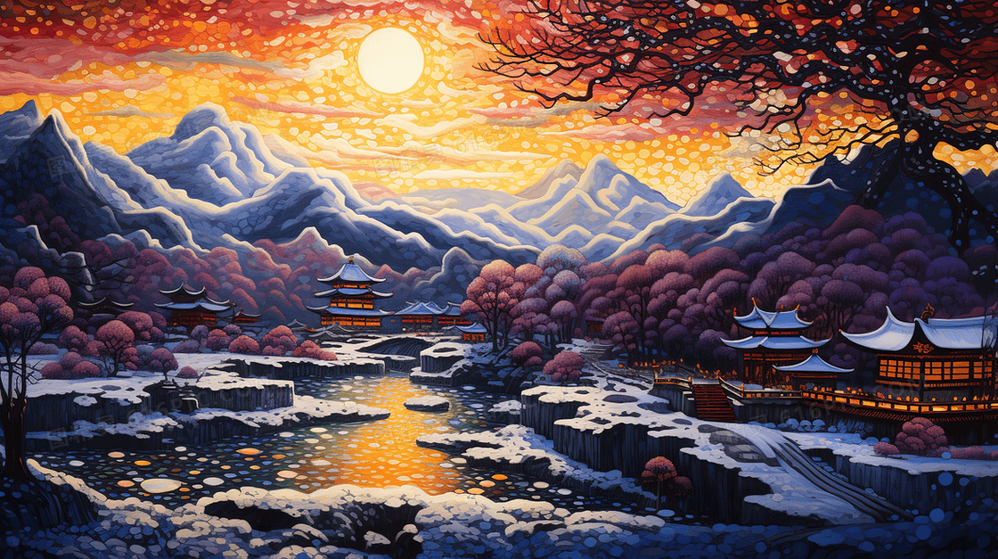 彩色中式山水风景插画