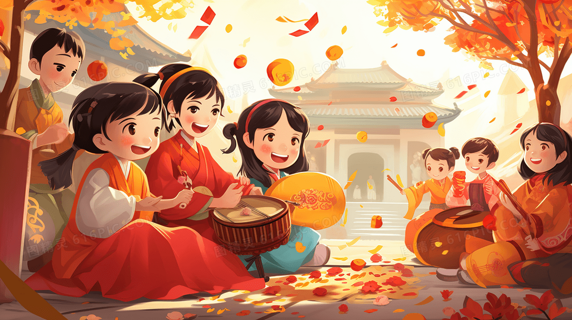 孩子们的春节假期聚会插画