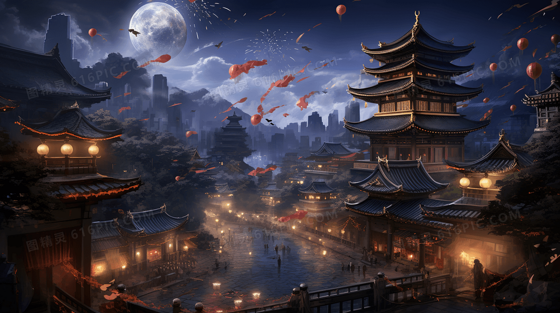 灯火通明的中国古代城镇夜景插画