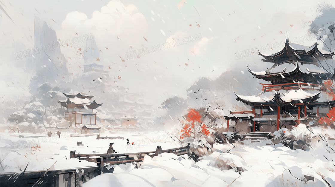 中国风古建筑雪景风景插画