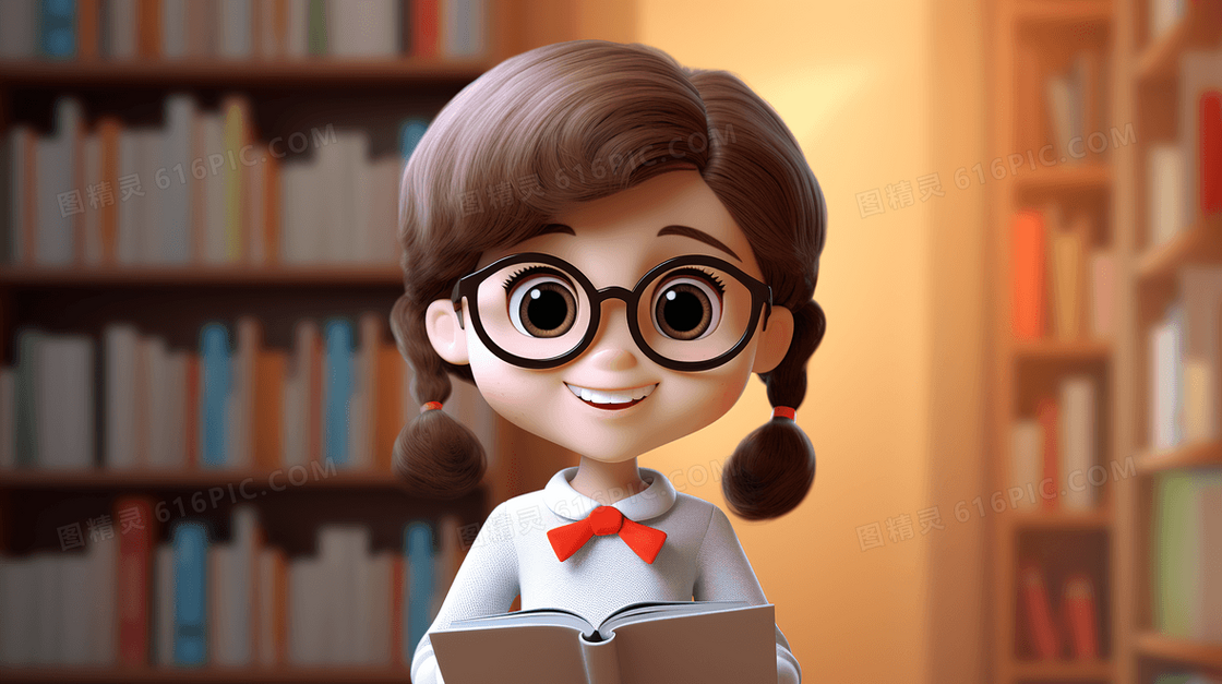 图书馆看书小女孩插画