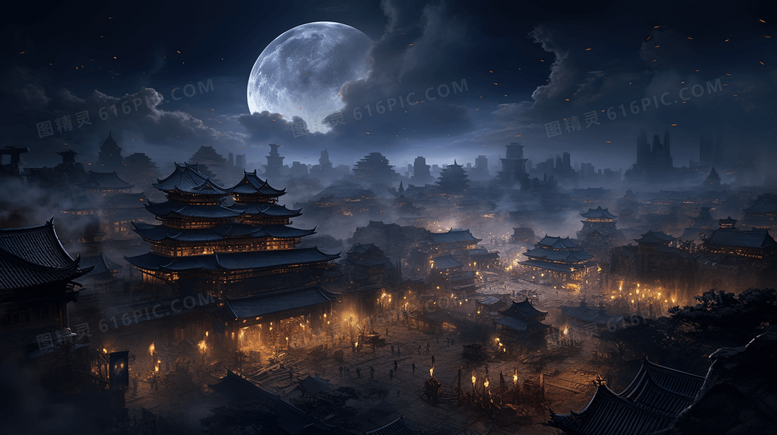 灯火通明的中国古代城镇夜景插画