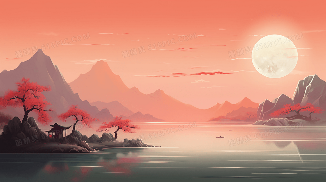 中国风水墨夕阳山水风景插画