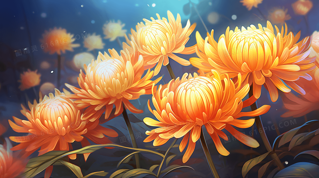 绽放的美丽菊花花卉插画