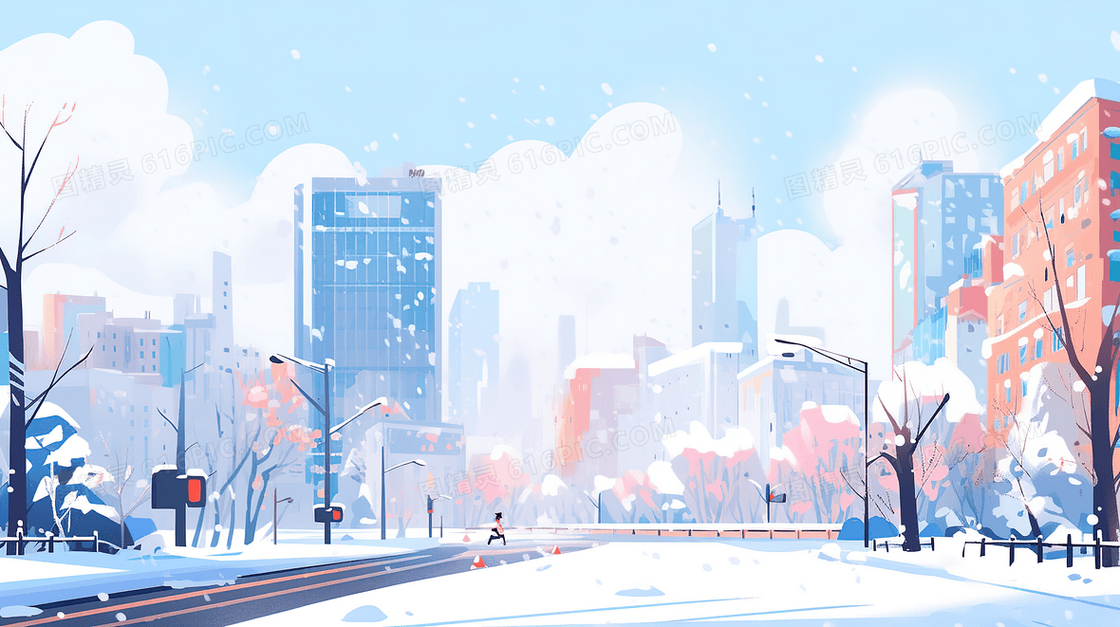 冬季下雪天城市道路建筑风景插画