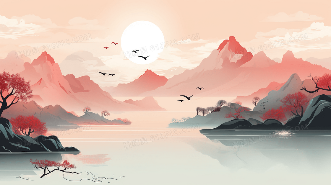 中国风水墨夕阳山水风景插画