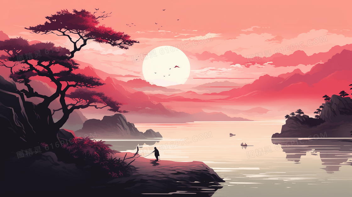 中国风水墨夕阳山水风景插画