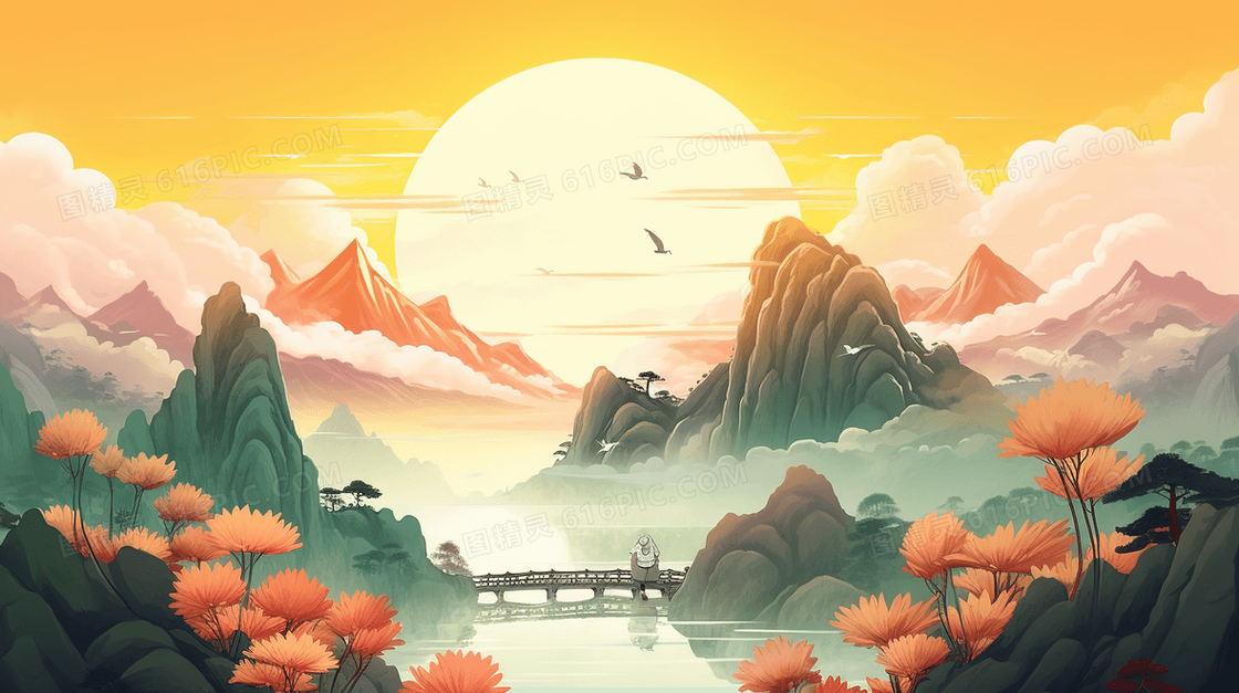 中国风夕阳下的山水云雾风景意境插画