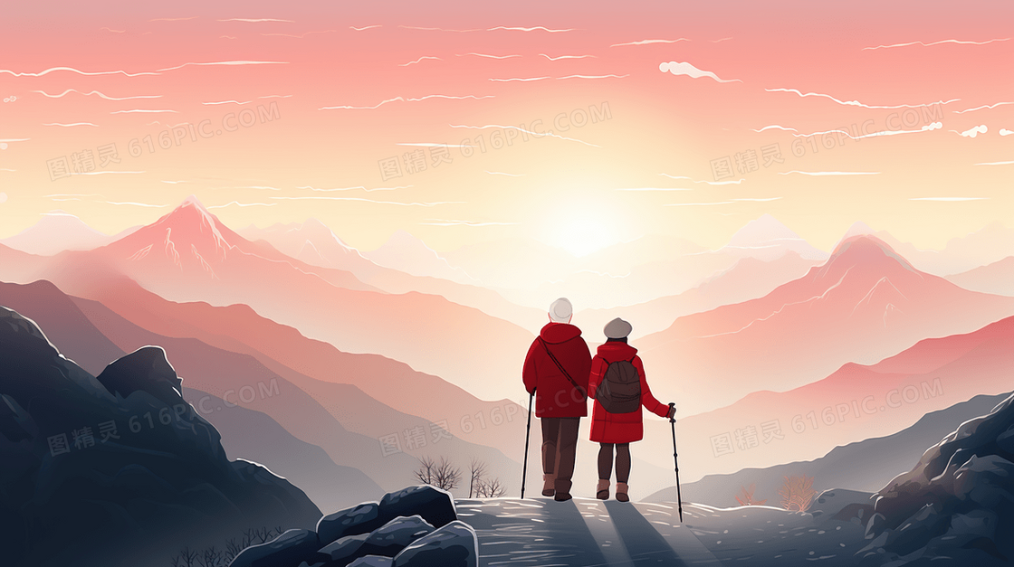 一起登山看风景的老年夫妻插画