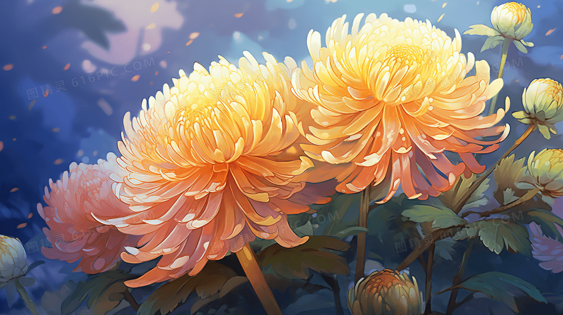 秋天绽放的美丽金色菊花插画