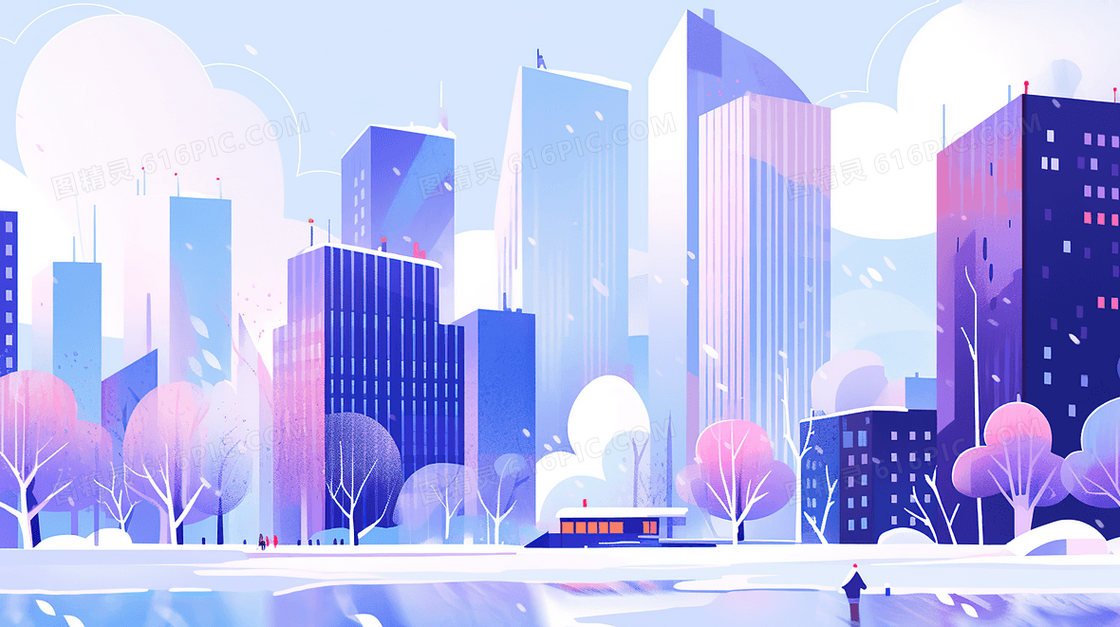 冬季下雪天城市道路建筑风景插画