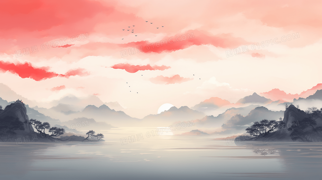 中国风水墨夕阳山水风景插画