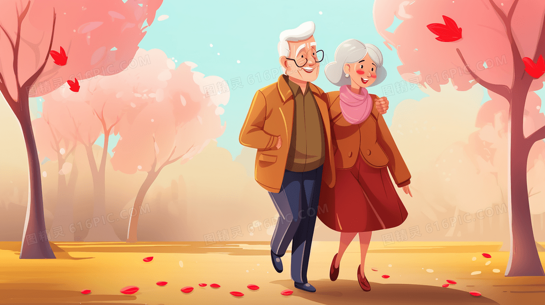 秋天在树林散步的白发恩爱夫妻插画