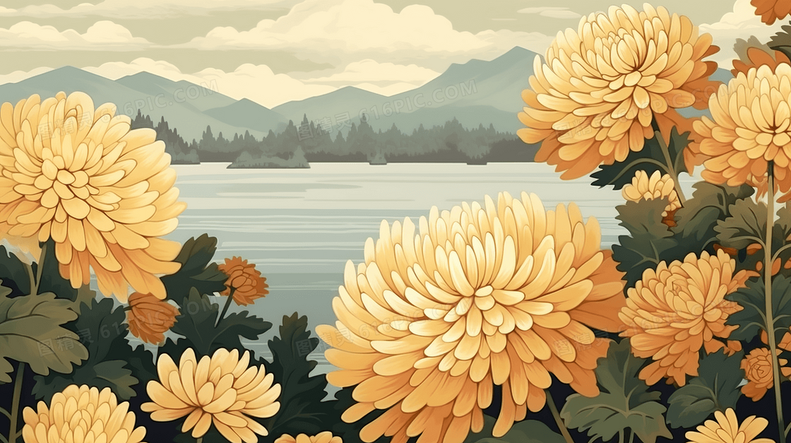 秋季盛开的金色菊花花朵插画