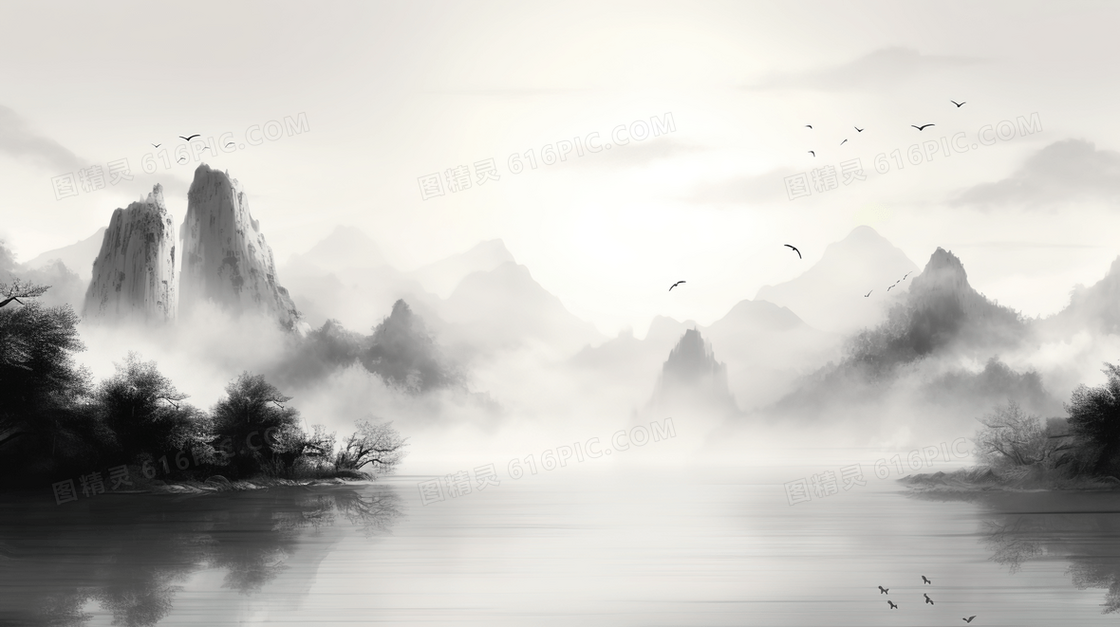 黑白中国风水墨山水意境风景插画