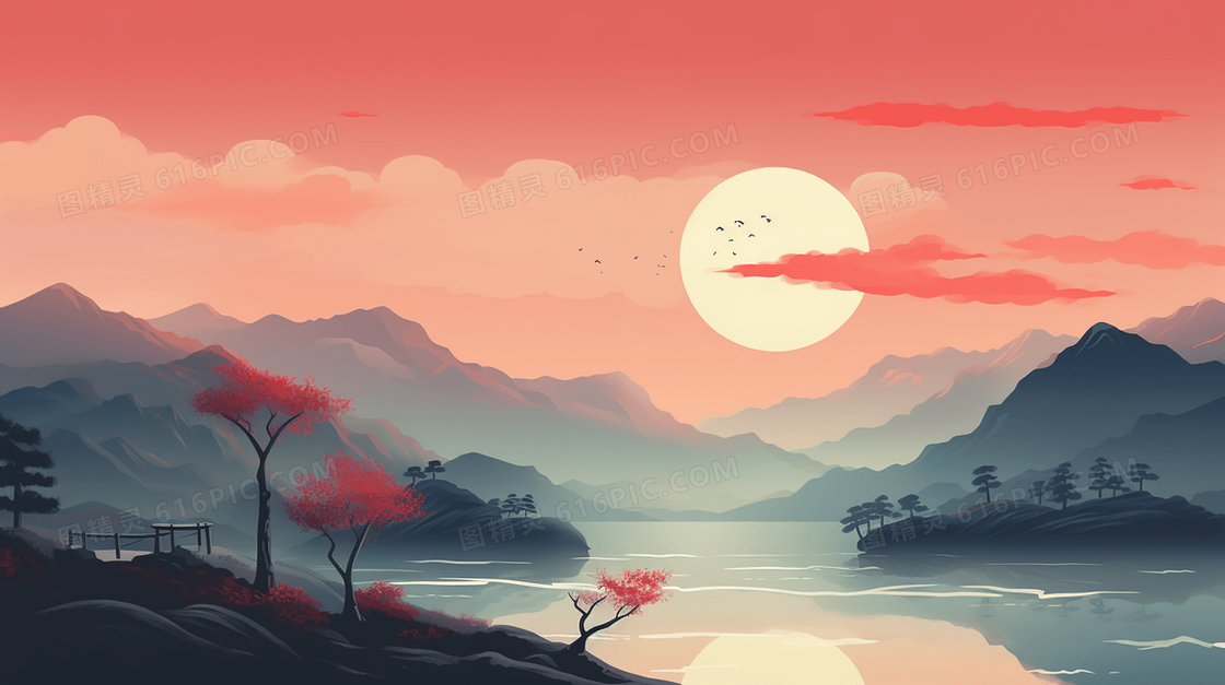 中国风夕阳下的山水风景意境插画