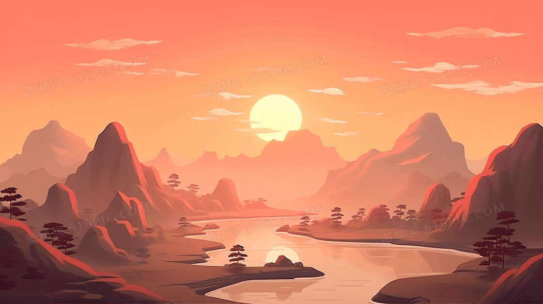 中国风夕阳下的山水风景意境插画
