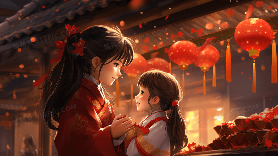 古镇春节庆典里的女生插画