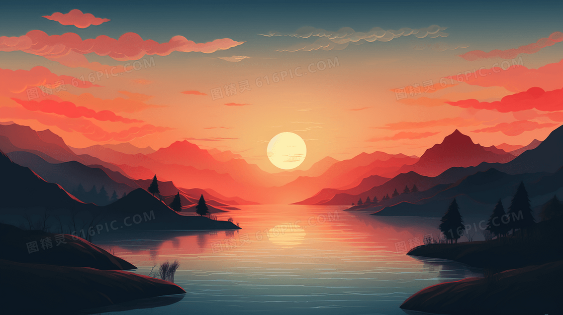 中国风夕阳下的山水风景意境插画