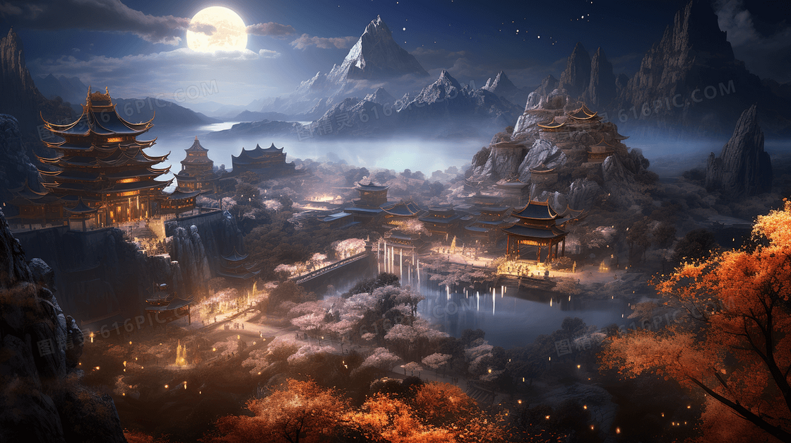 中国古代城镇夜景插画