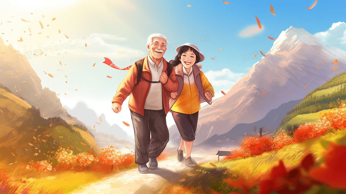 重阳节登高远足的老夫妇插画