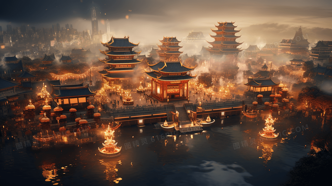 中国古代城镇夜景插画