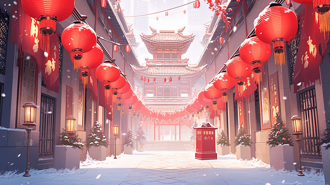 下雪天里挂着红灯笼的古镇街道建筑插画