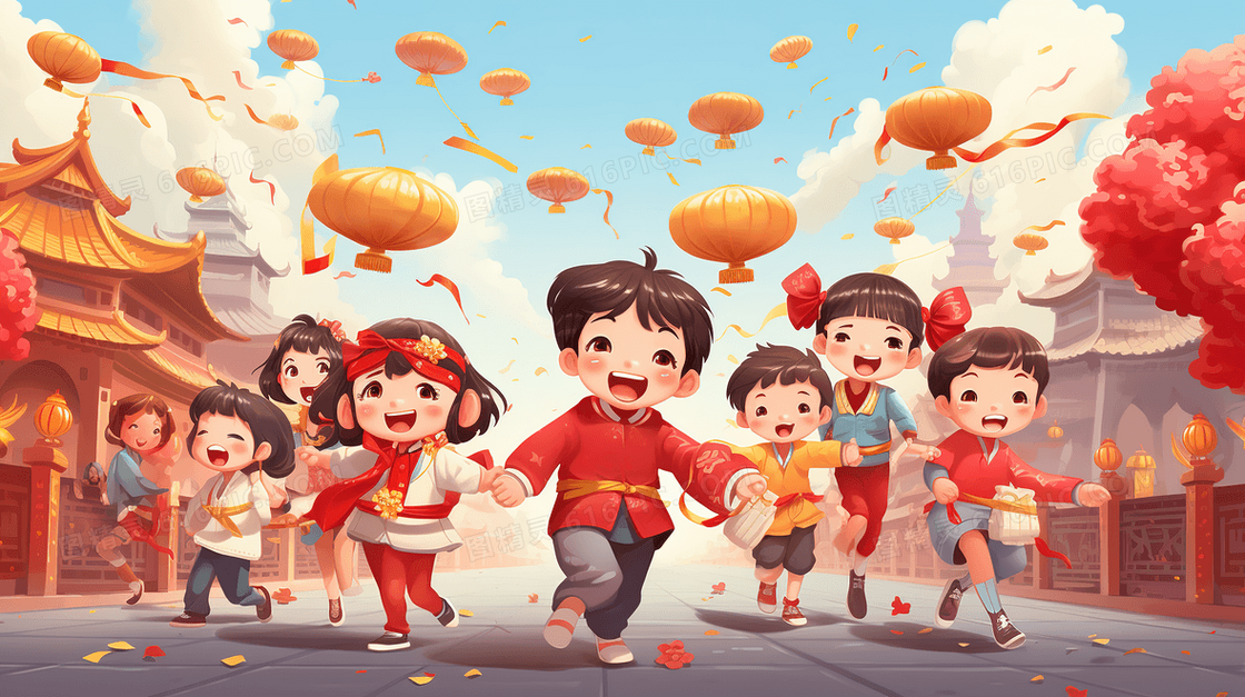 古镇街道上开心庆祝春节的人们插画