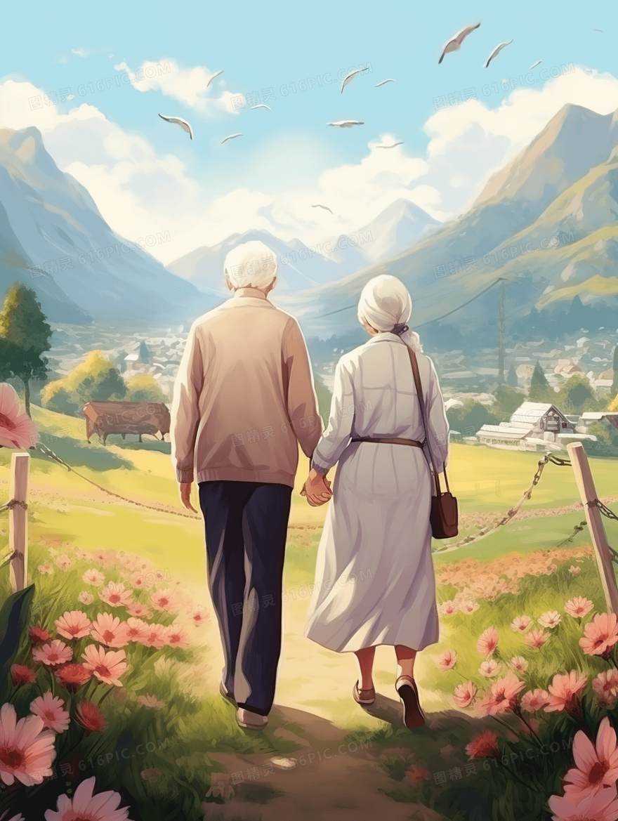 春天在山坡上徒步的白发夫妻温馨插画
