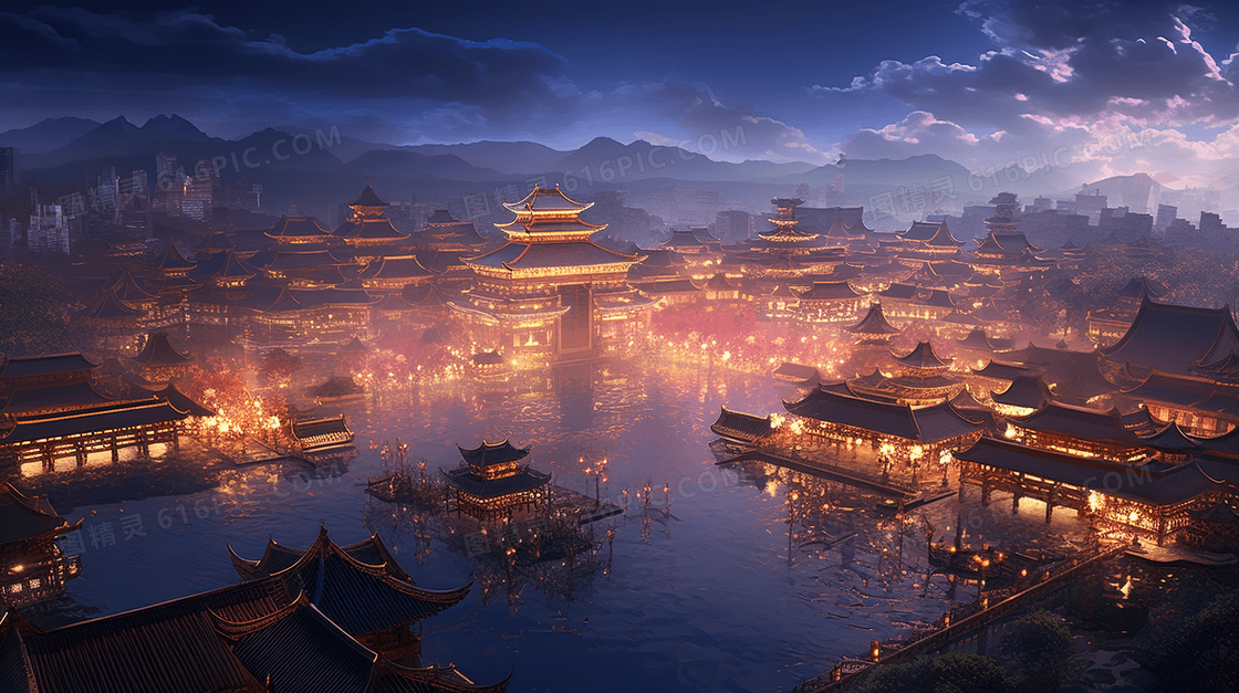 中国古代城镇夜景插画