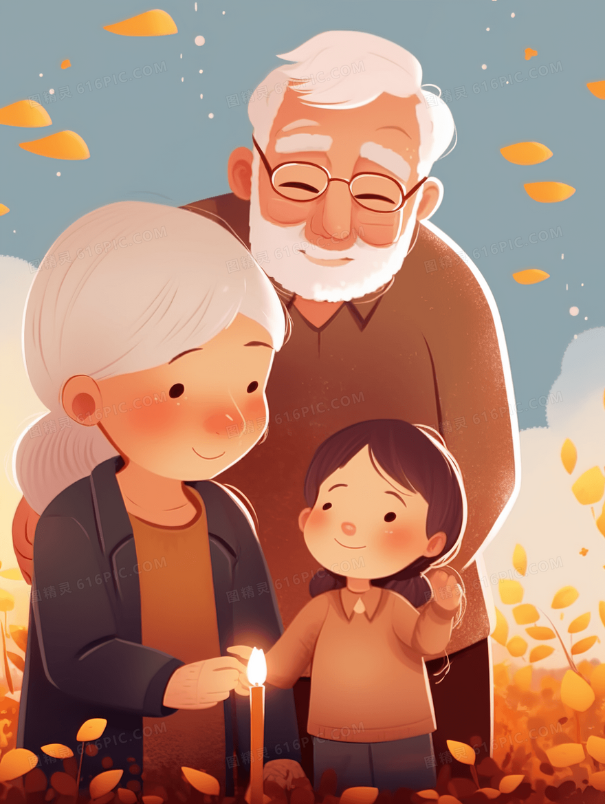 老夫妇和孙女重阳节插画