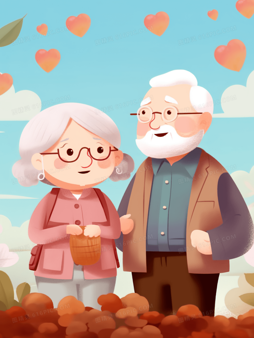 老年夫妇晚年生活重阳节插画