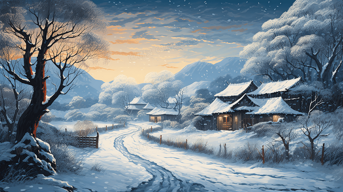 乡村雪景唯美插画