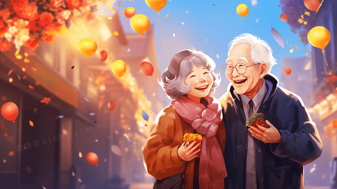 参加重阳节庆祝活动的老夫妻插画