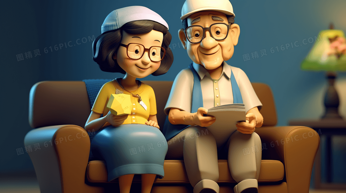 坐在沙发上的3D老年夫妻插画