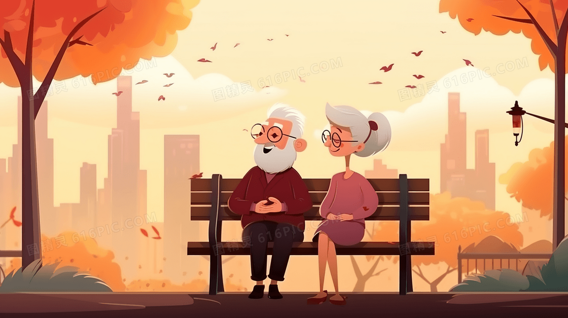 坐在公园长椅上老人插画