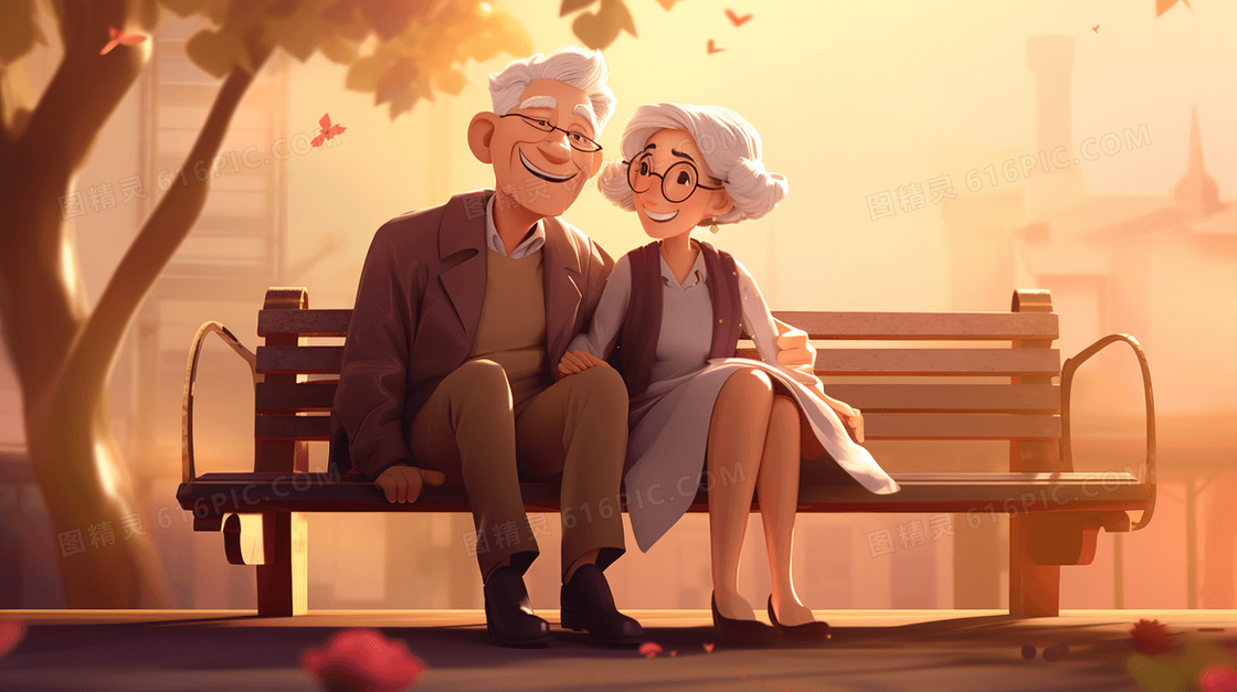 黄昏公园里的长椅上的老夫妇插画