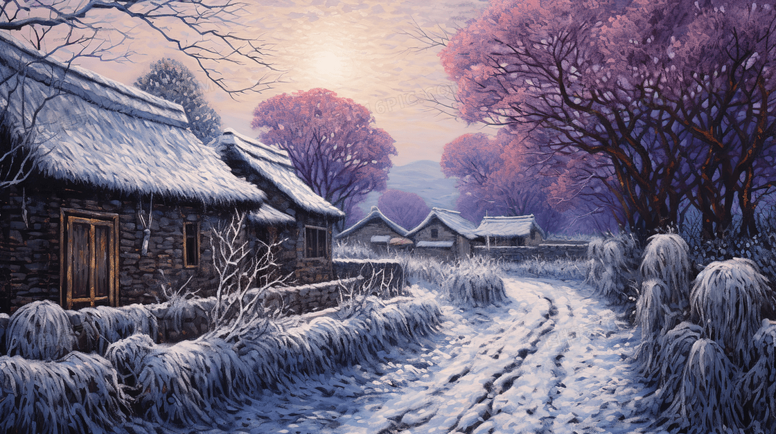 乡村雪景唯美插画