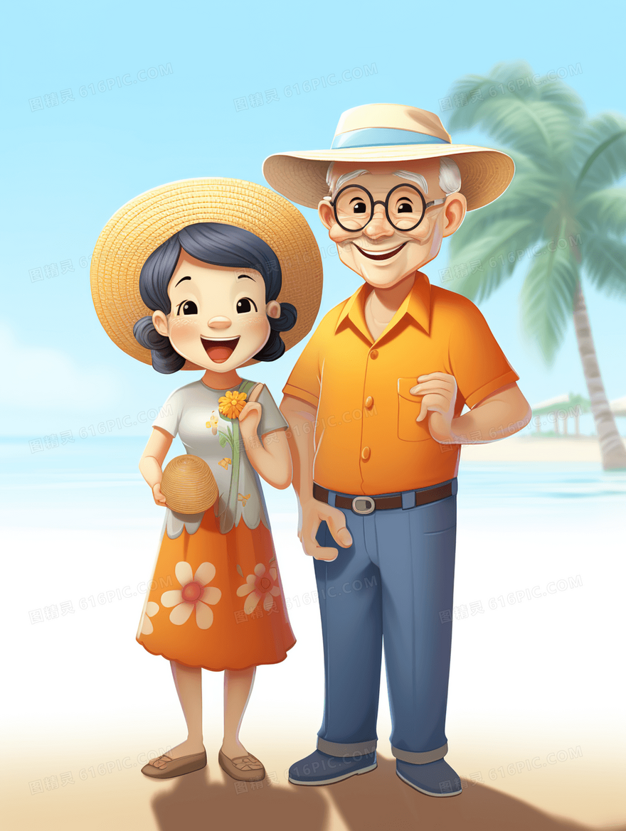 站在沙滩上的老夫妻插画