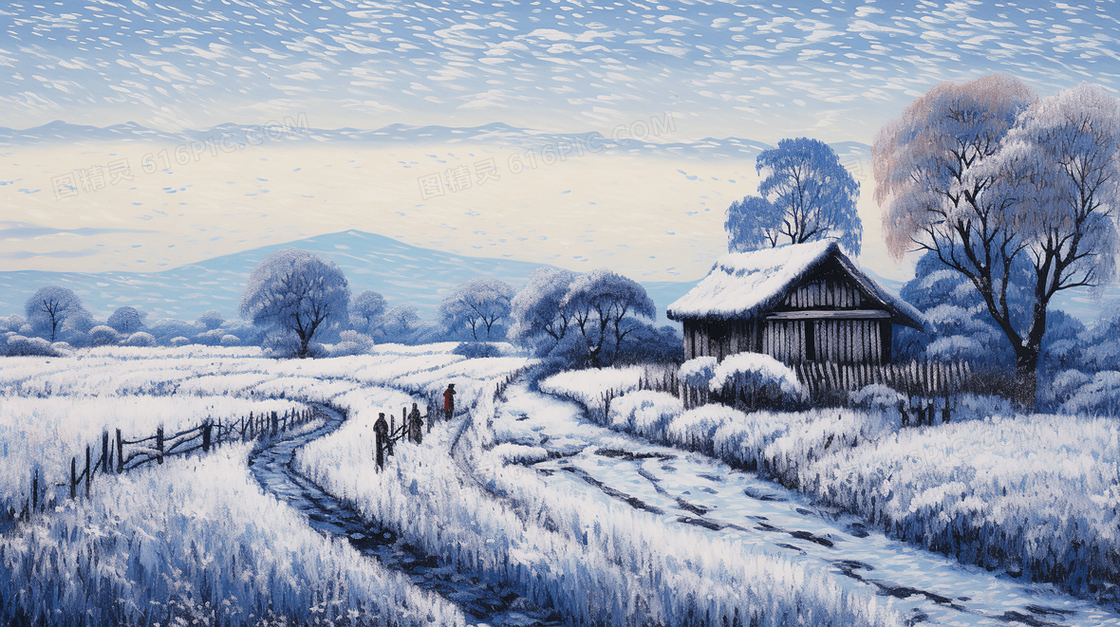 乡村雪景唯美插画