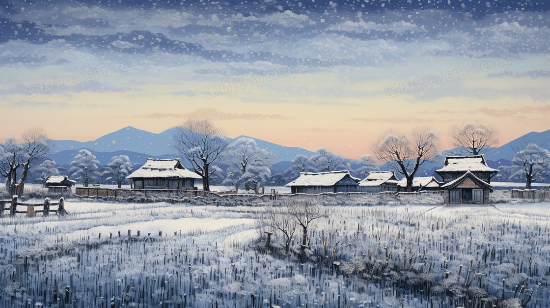 乡村雪景唯美插画