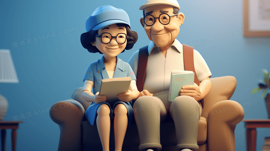 坐在沙发上的3D老年夫妻插画